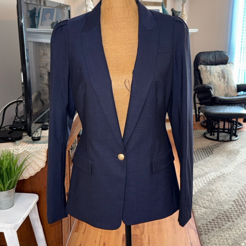 Banana Republic NWT Navy Blue Puff sleeve lightweight wool blend Blazer, sz 10 - Picture 3 of 14